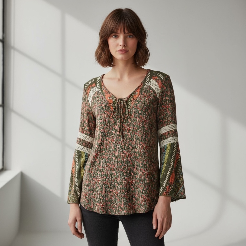 One World Multicolor Floral Bell Sleeve Stretchy Top Size S